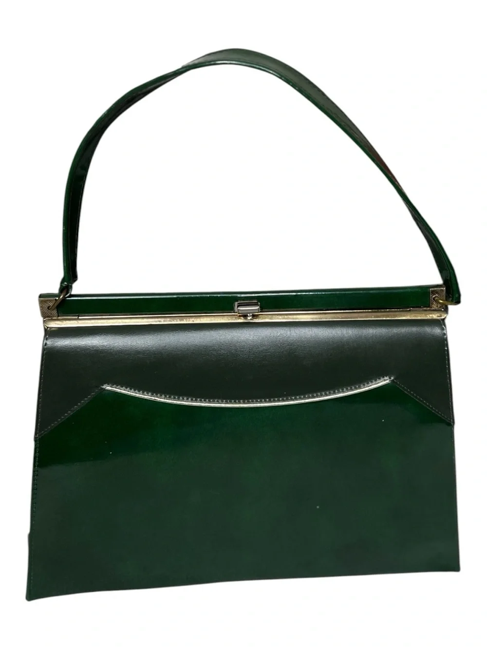 VTG 60s NATURALIZER 2 Tone Emerald Olive Green Patent Top Handle Frame Purse MCM